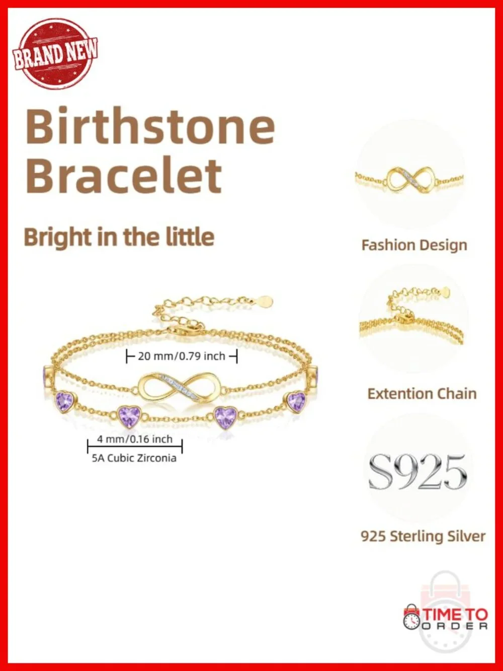 Infinity Birthstone Charm Link Bracelet/Anklet 925 Sterling Silver Adjustable